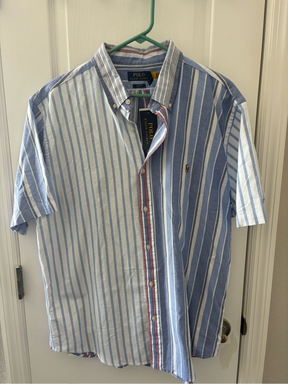 Ralph Lauren Blue and White Vertical Stripe Short-Sleeve Button-Down Shirt